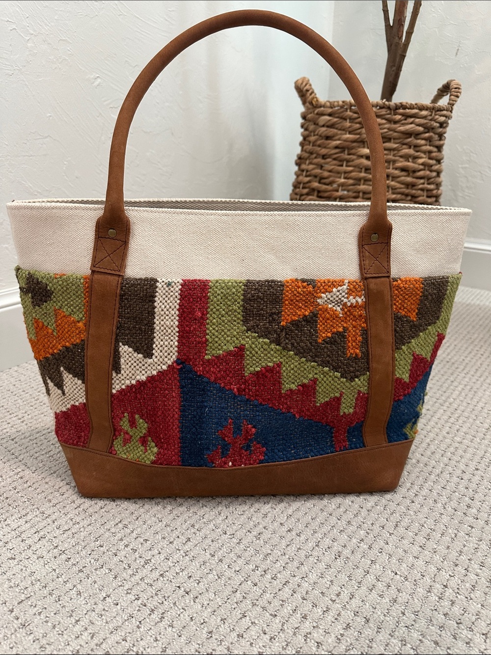 Noonday Collection Woven Multicolor Kilim Tote with Brown Trim